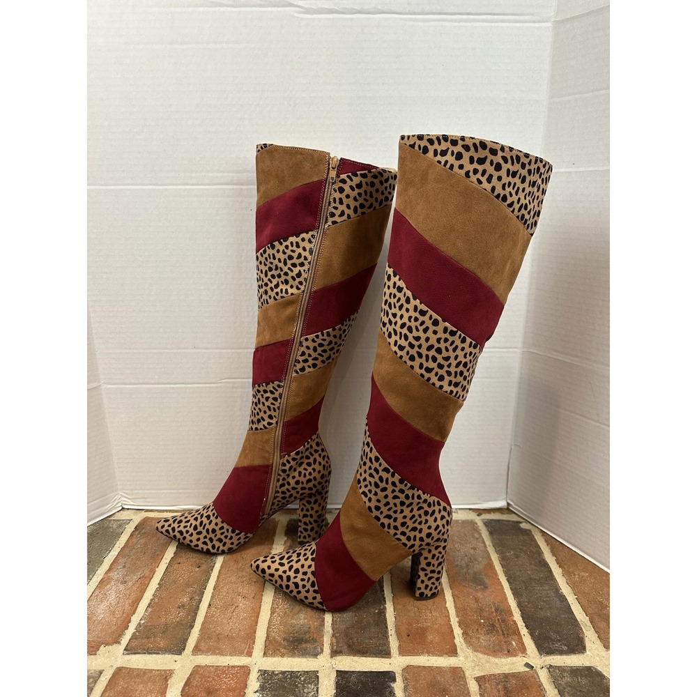 Bamboo Leopard Print Tall Boots Brown Burgundy High Heel Pointy Toe Women's 9 - Picture 3 of 7